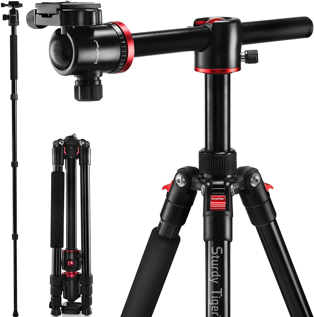Sturdy Tiger 75” Camera Tripod & Monopod for DSLR, Professional Horizontal Arm Tripod with 360 Degree Metal Ball Head, Compact Aluminum Tripod for Travel and Work, Sturdy and Easy to Use